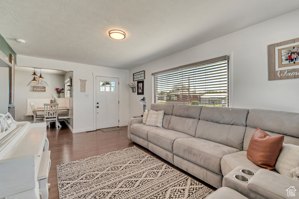 Living area featuring dark wood-type flooring, a textured ceiling, and baseboards