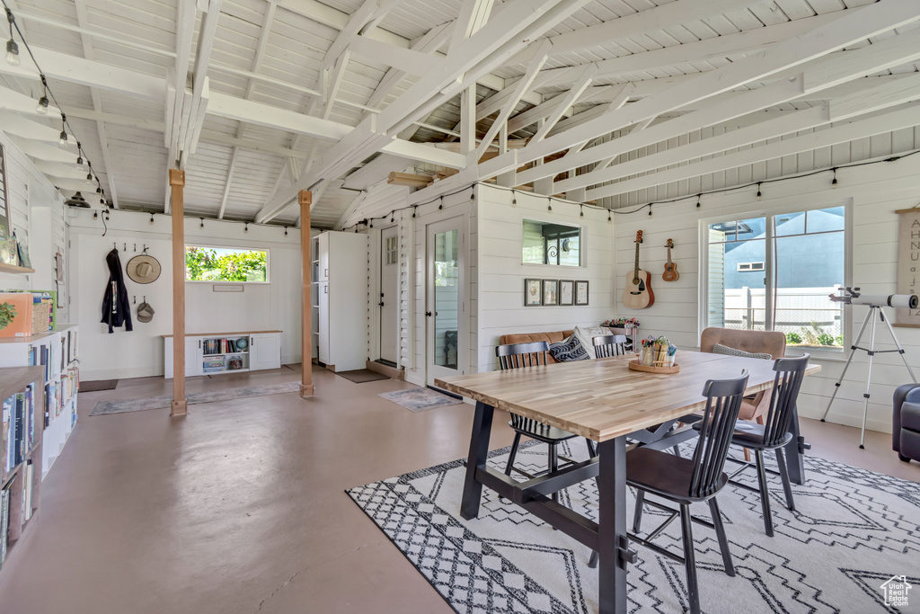 Dining space with finished concrete floors