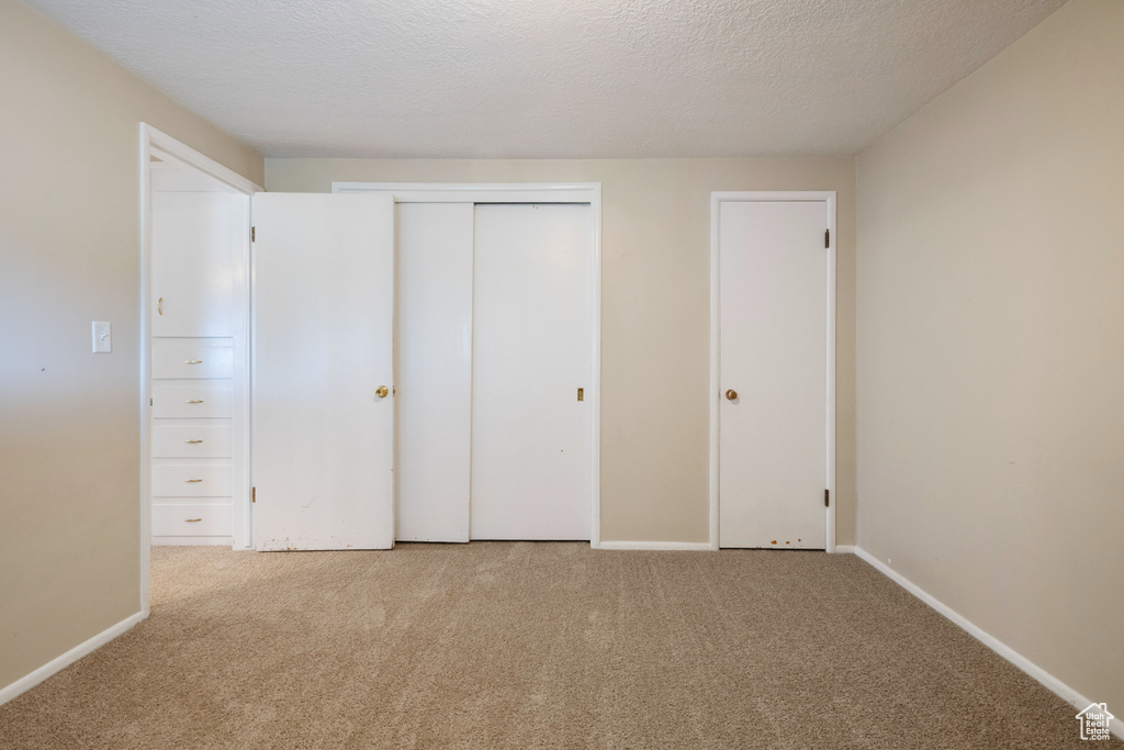 Unfurnished bedroom featuring carpet, baseboards, a closet, and a textured ceiling