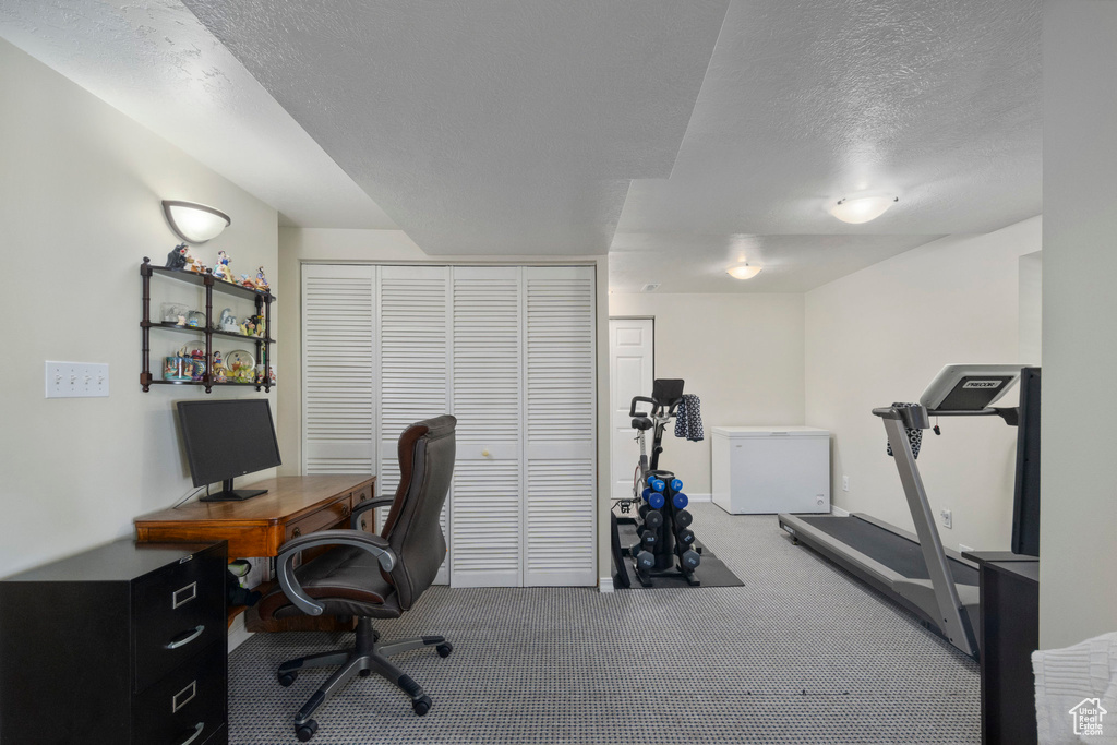 Carpeted office featuring a textured ceiling