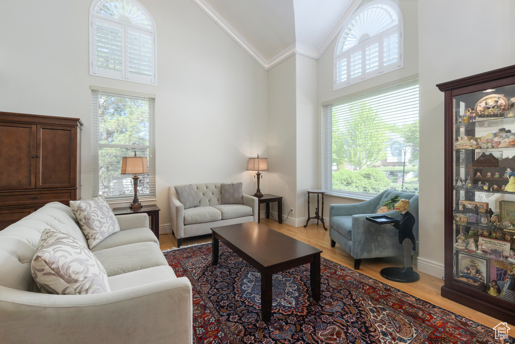 Living room with high vaulted ceiling, wood finished floors, crown molding, and baseboards
