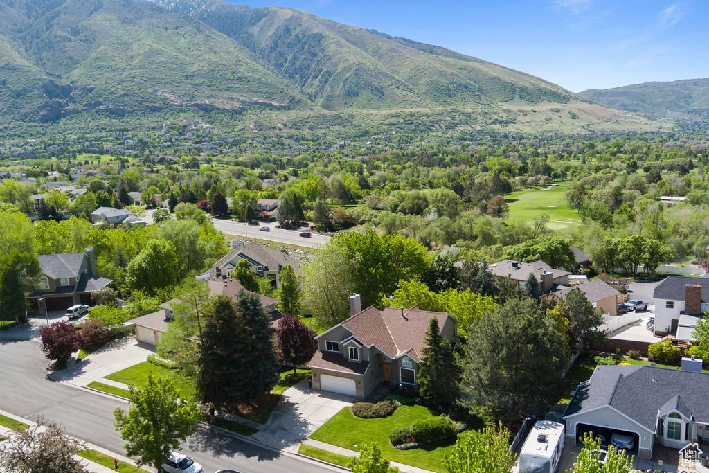 Aerial perspective of suburban area with mountains