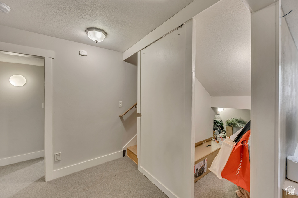 Stairway with carpet floors, baseboards, and a textured ceiling