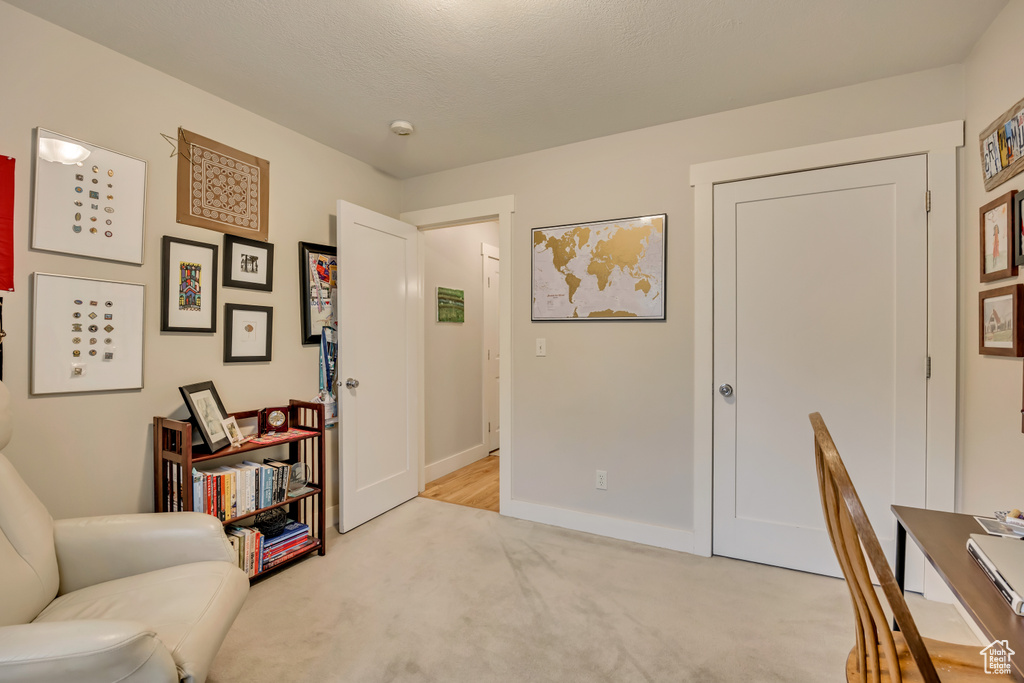 Sitting room featuring light colored carpet and baseboards