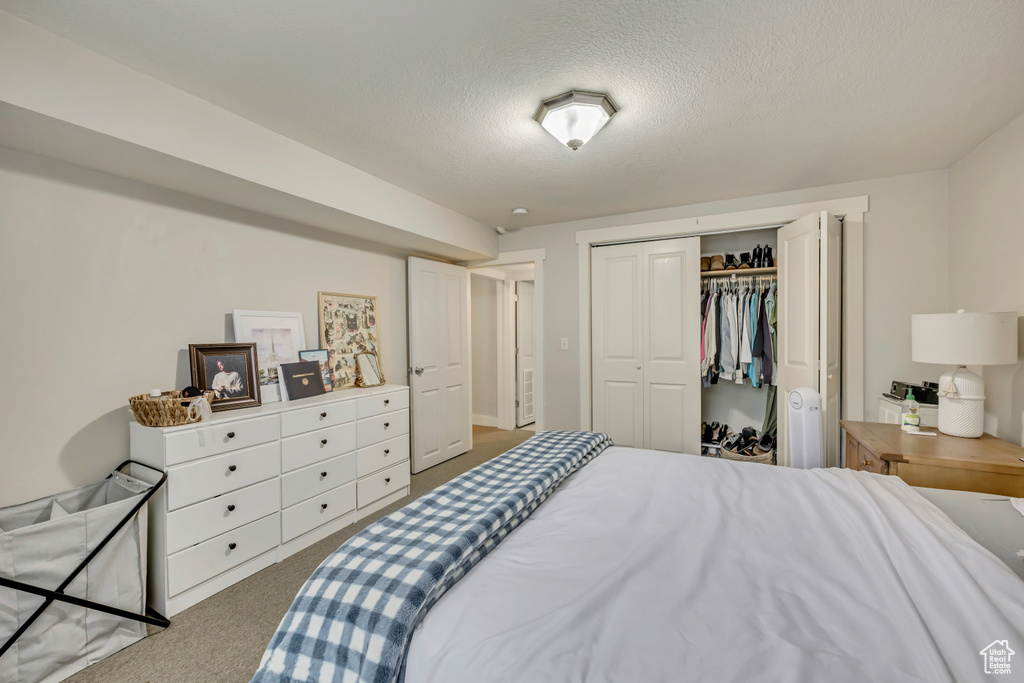 Carpeted bedroom with a textured ceiling and a closet