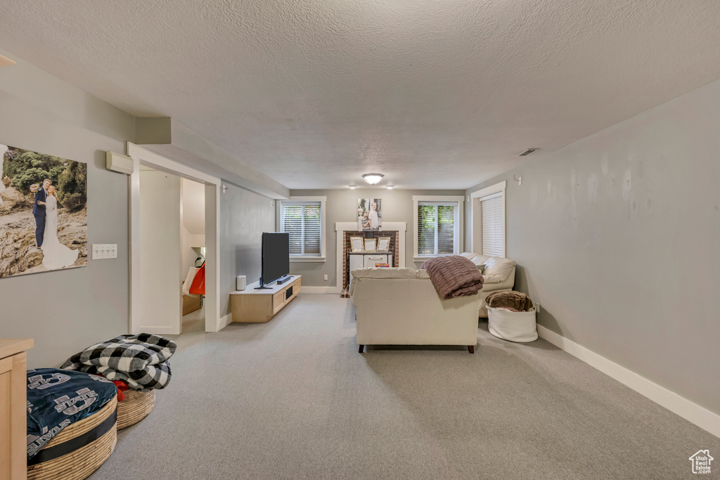 Living room featuring light colored carpet, a textured ceiling, and baseboards