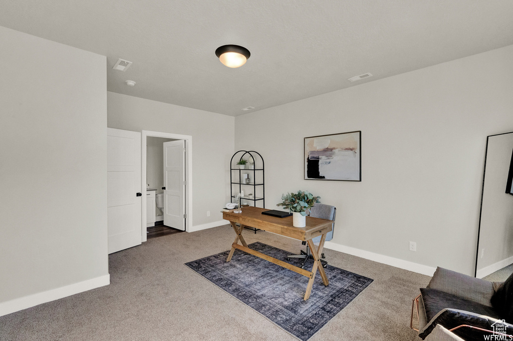 Carpeted home office with baseboards