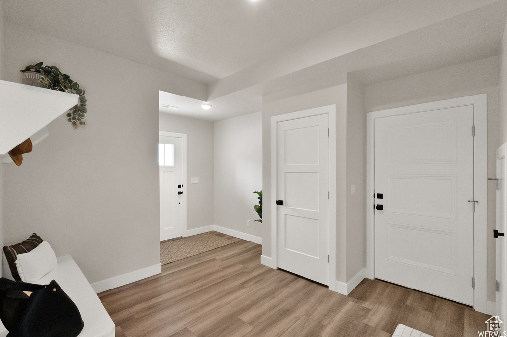Entryway with light wood-style floors and baseboards