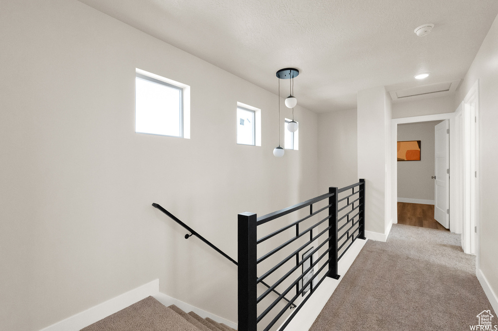 Staircase featuring baseboards, carpet floors, and attic access