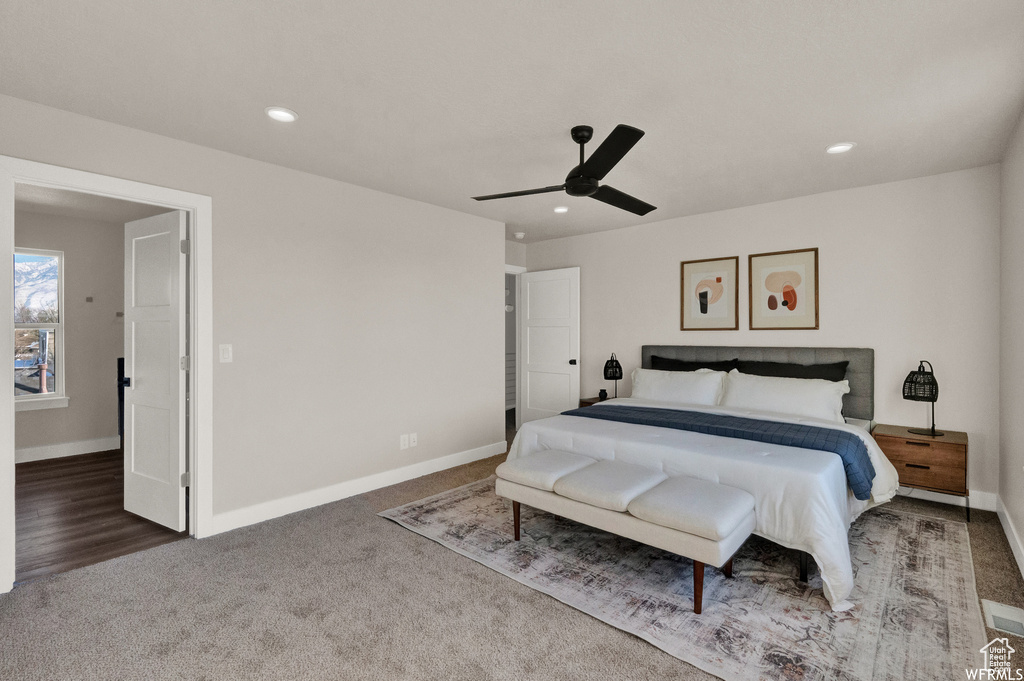 Bedroom featuring recessed lighting, baseboards, carpet, and ceiling fan