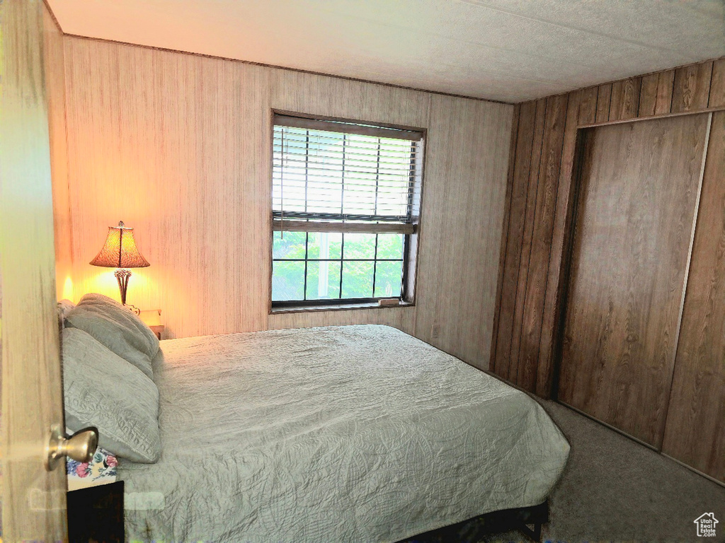 Carpeted bedroom featuring wood walls and a closet
