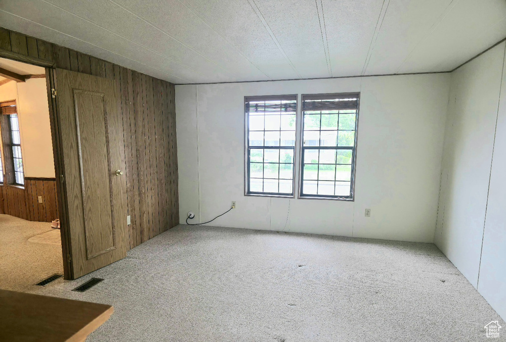 Unfurnished bedroom featuring carpet, wooden walls, and multiple windows