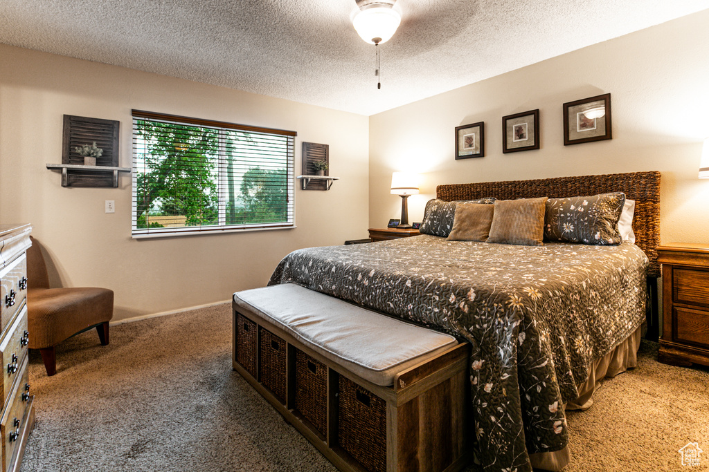 Bedroom with carpet flooring, a textured ceiling, and baseboards