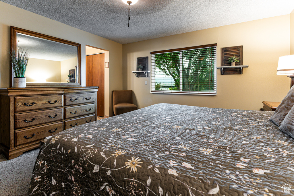 Bedroom featuring carpet and a textured ceiling