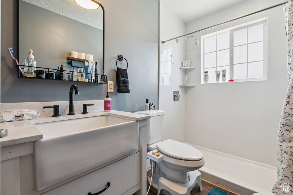 Bathroom with curtained shower, toilet, and vanity