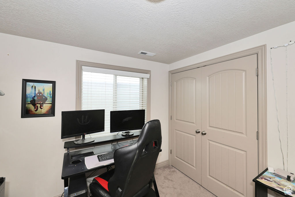 Home office featuring light colored carpet, a textured ceiling, and baseboards