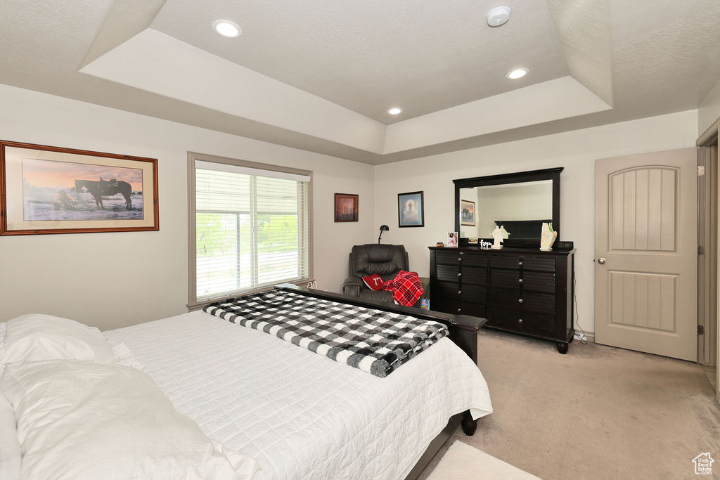 Bedroom featuring a tray ceiling, light colored carpet, and recessed lighting