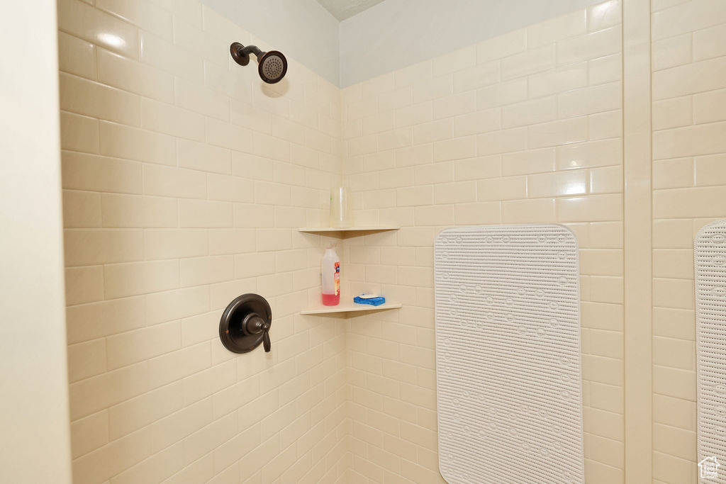 Bathroom view of a tile shower