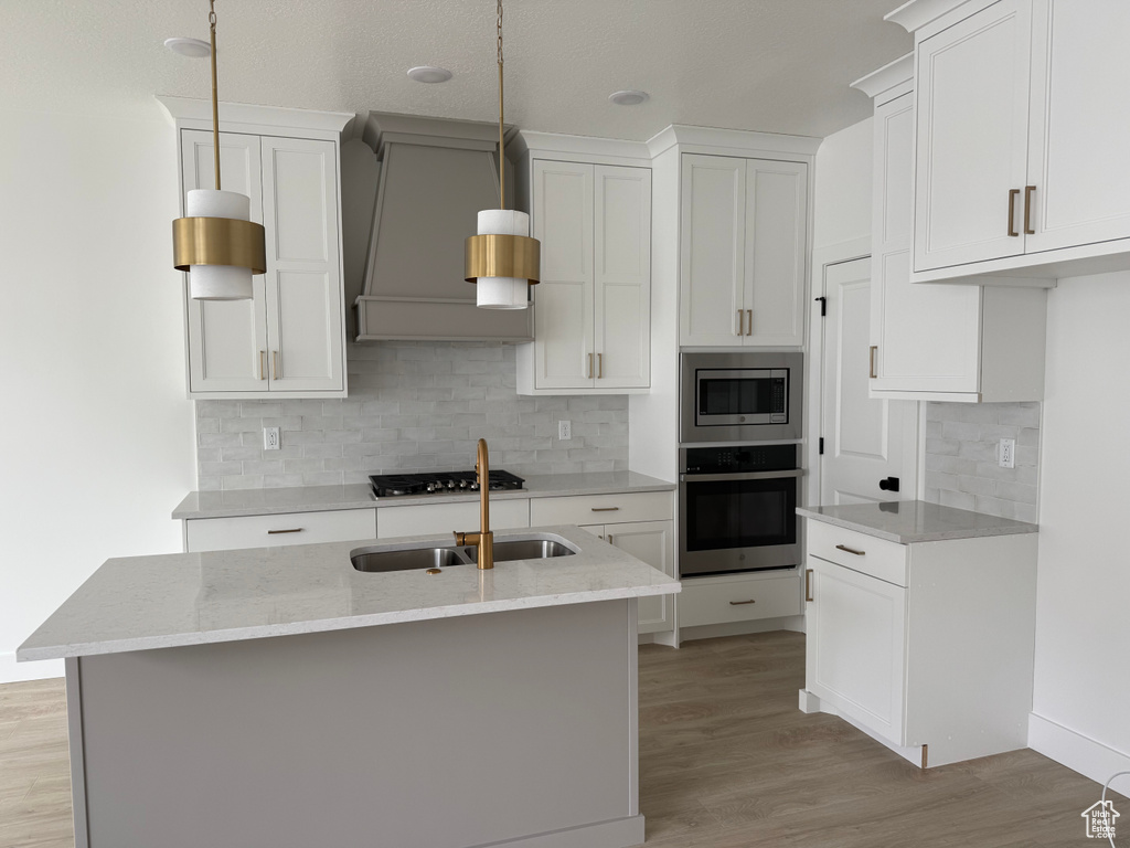 Kitchen with stainless steel appliances, light wood-style floors, custom exhaust hood, tasteful backsplash, and a sink