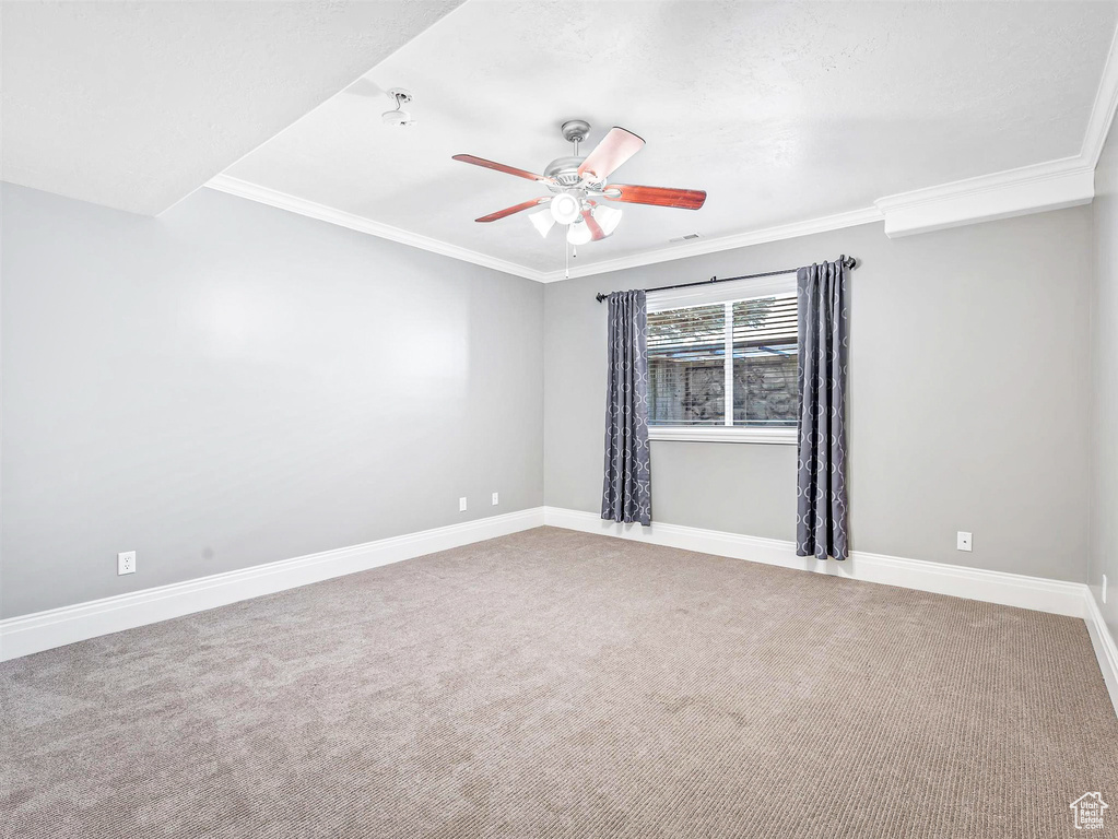 Carpeted spare room featuring ceiling fan, crown molding, and baseboards