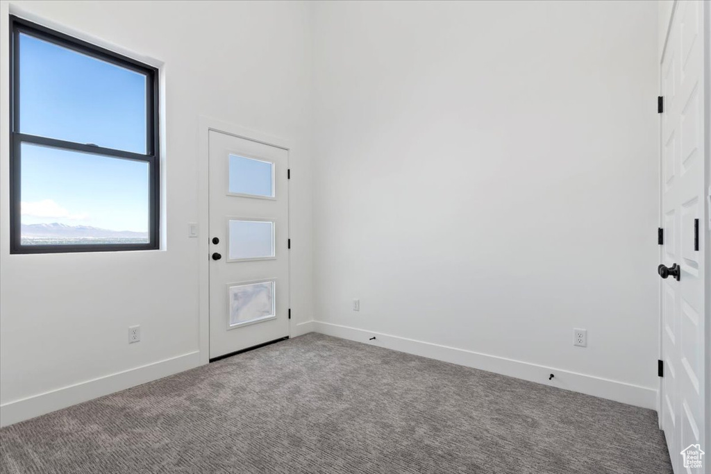 Carpeted entryway with baseboards