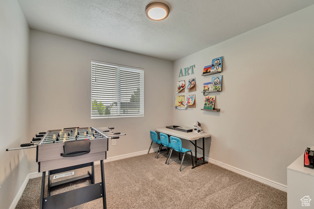 Home office featuring carpet flooring, baseboards, and a textured ceiling