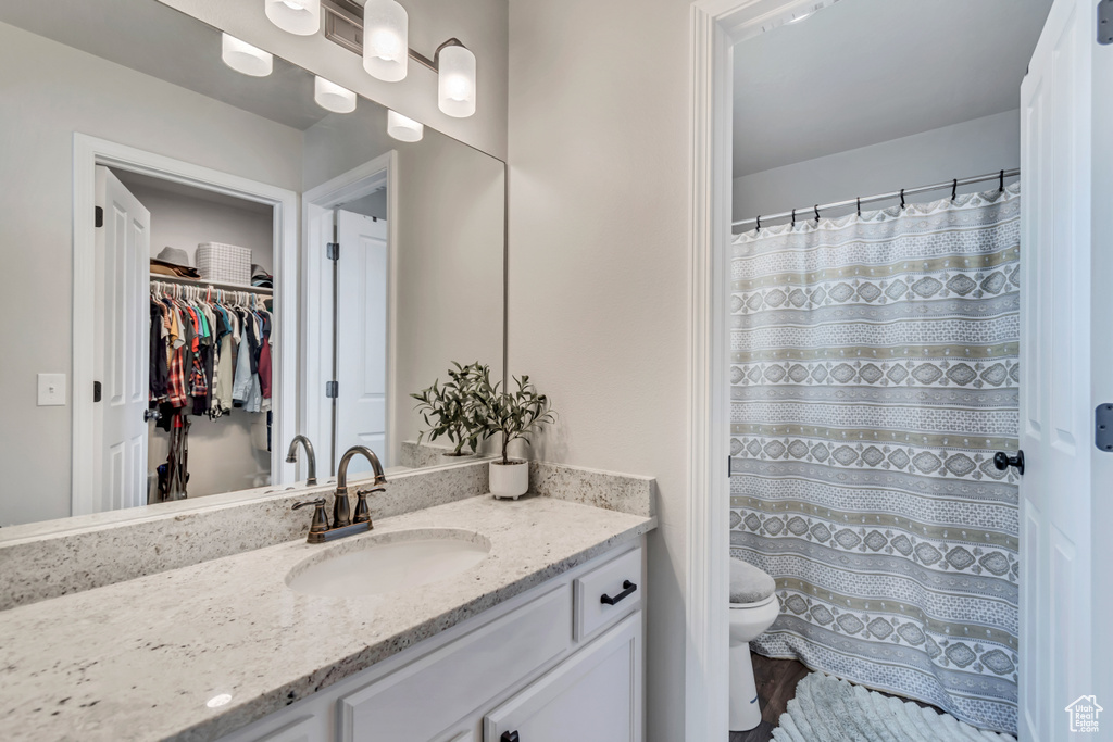 Full bathroom featuring toilet, vanity, a spacious closet, and a shower with shower curtain