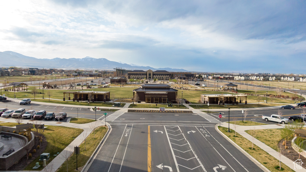 Drone / aerial view of a mountain backdrop