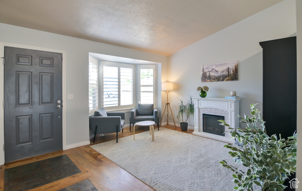 Entrance foyer featuring baseboards, wood finished floors, and a fireplace