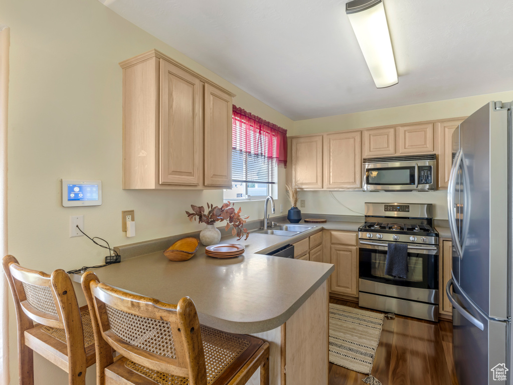 Kitchen featuring stainless steel appliances, light brown cabinetry, a sink, and a peninsula