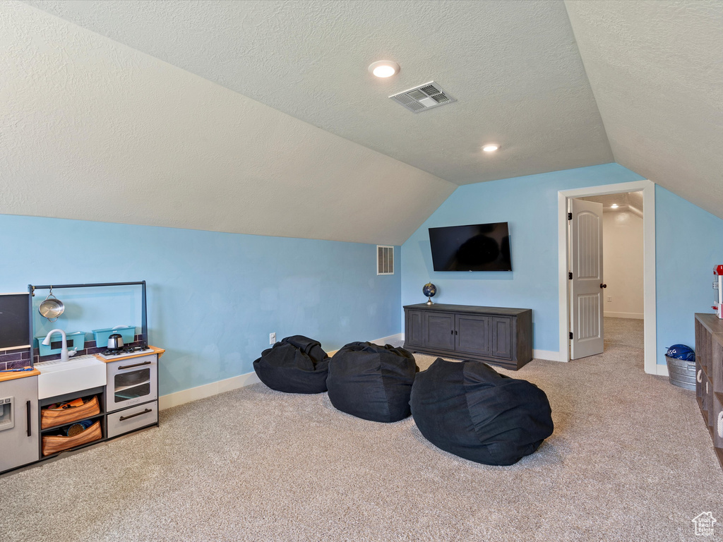 Additional living space featuring carpet flooring, vaulted ceiling, a textured ceiling, and baseboards