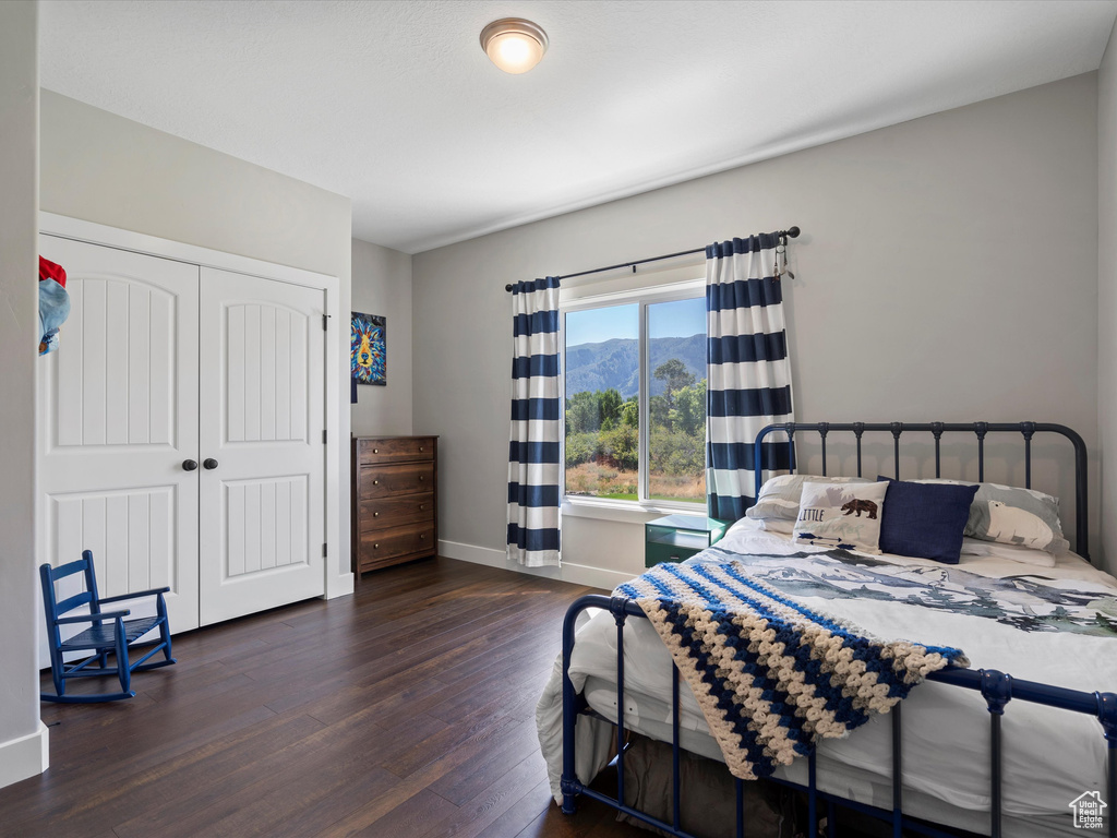 Bedroom with hardwood / wood-style flooring, baseboards, and a closet