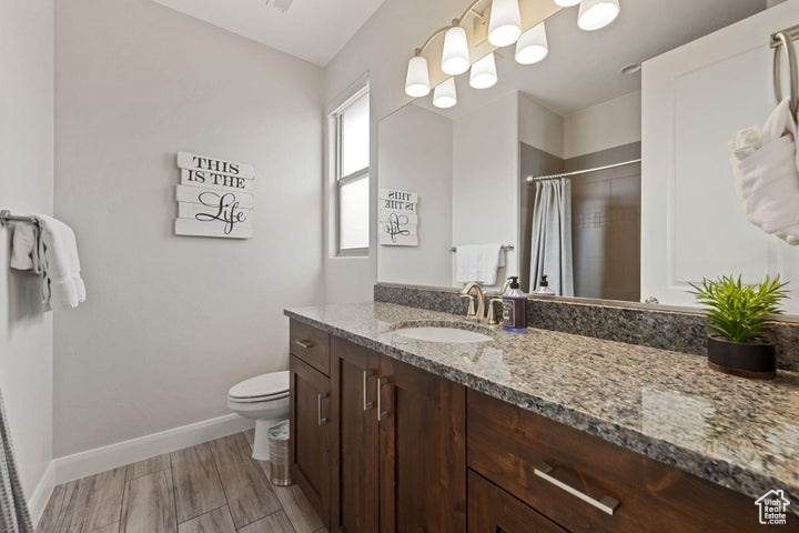 Bathroom featuring a shower with curtain, toilet, vanity, baseboards, and wood finished floors