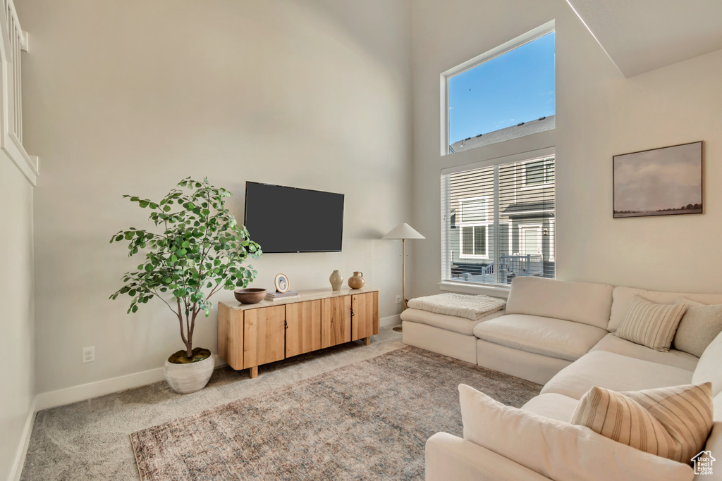Living area featuring light carpet, baseboards, and a towering ceiling