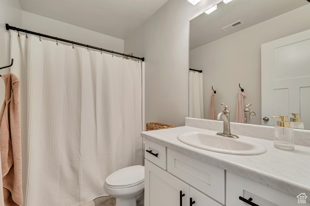 Full bathroom featuring toilet, vanity, and a shower with curtain