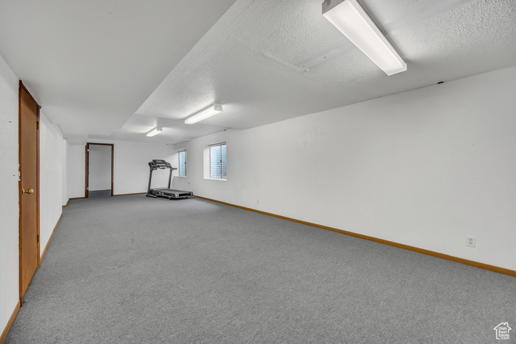 Below grade area with baseboards, carpet floors, and a textured ceiling