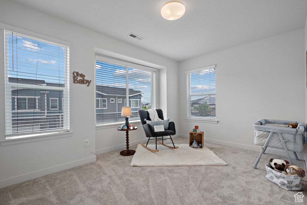 Living area featuring carpet and baseboards