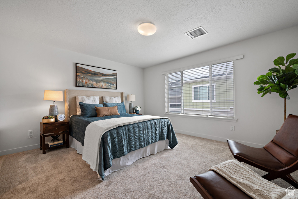 Bedroom with carpet flooring, baseboards, and a textured ceiling