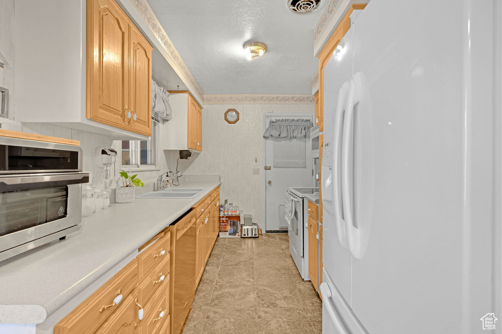 Kitchen featuring white appliances, a sink, light countertops, and light brown cabinetry