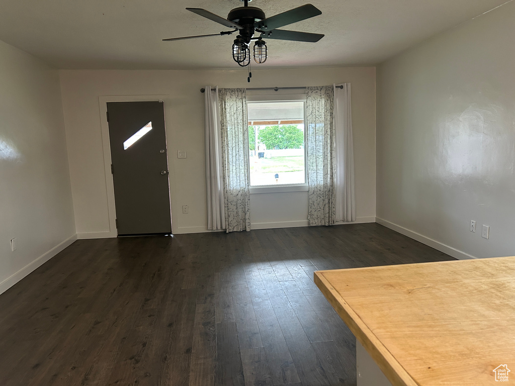 Foyer featuring dark wood-style floors, ceiling fan, and baseboards