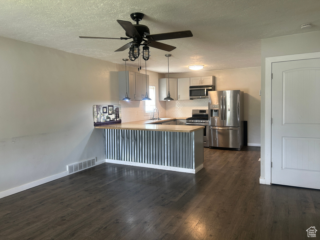 Kitchen with appliances with stainless steel finishes, a peninsula, decorative backsplash, a ceiling fan, and dark wood-type flooring