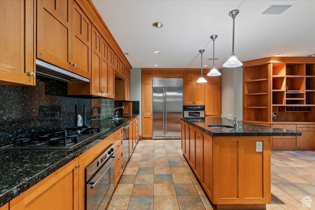 Kitchen with appliances with stainless steel finishes, ventilation hood, a sink, brown cabinets, and recessed lighting