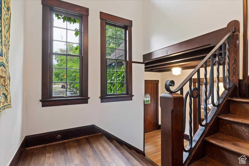 Stairs with wood finished floors and baseboards