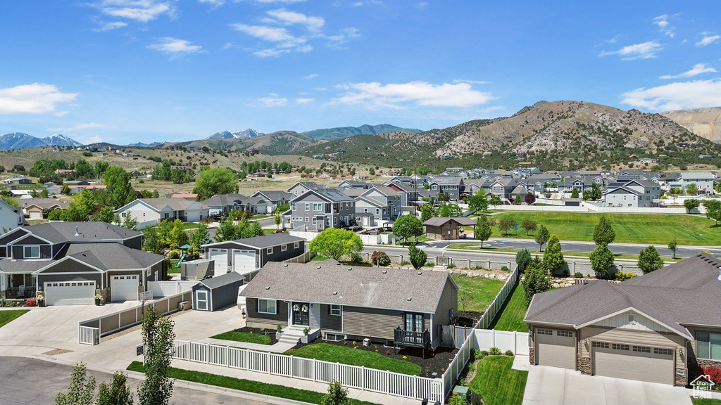 Aerial perspective of suburban area with mountains