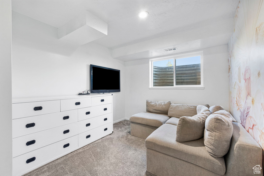 Living area with carpet floors