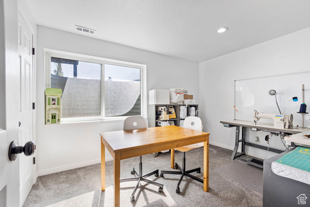 Office featuring baseboards, carpet flooring, and recessed lighting