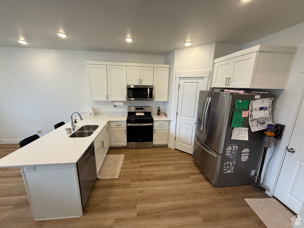 Kitchen featuring stainless steel appliances, a sink, a peninsula, light countertops, and white cabinets