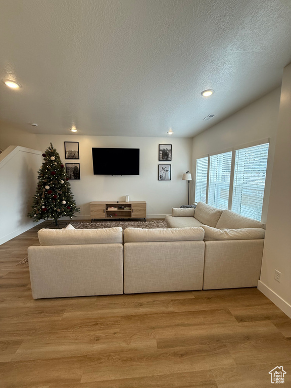Living room with recessed lighting, light wood finished floors, baseboards, and a textured ceiling