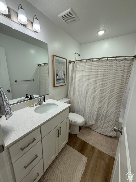 Full bath featuring wood finished floors, vanity, and toilet