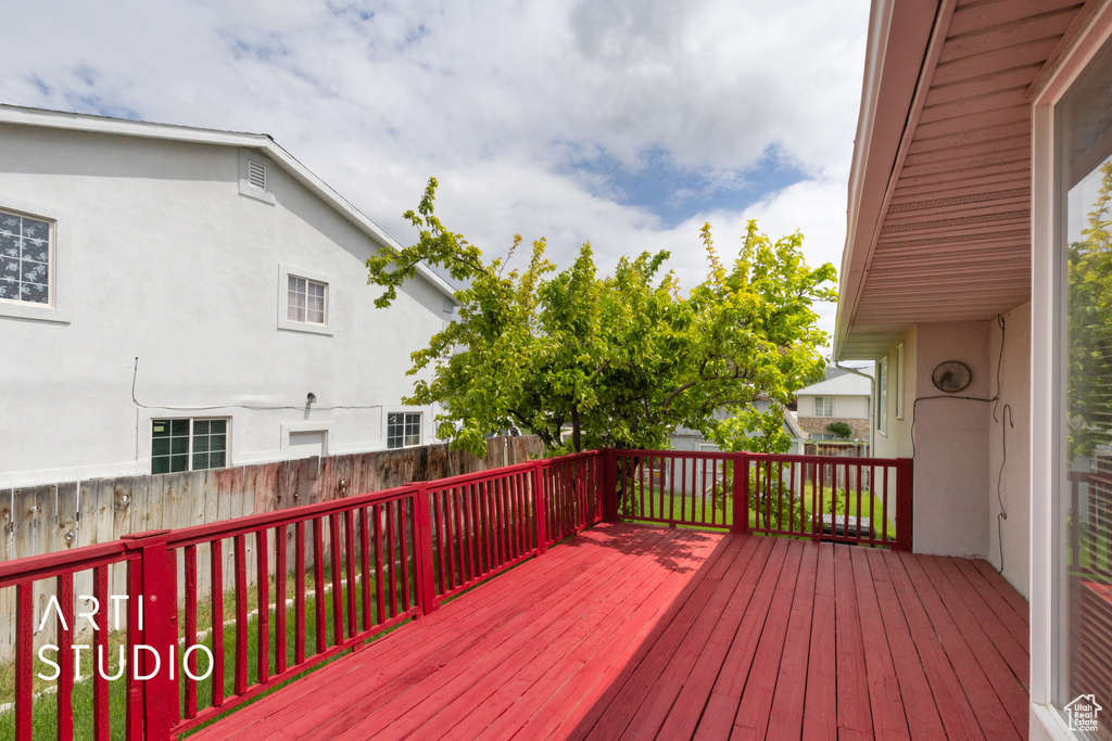 Deck with a fenced backyard